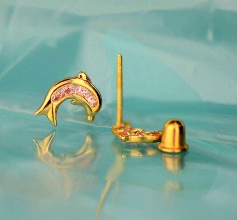 14k Yellow Gold CZ Dolphin Stud Earring