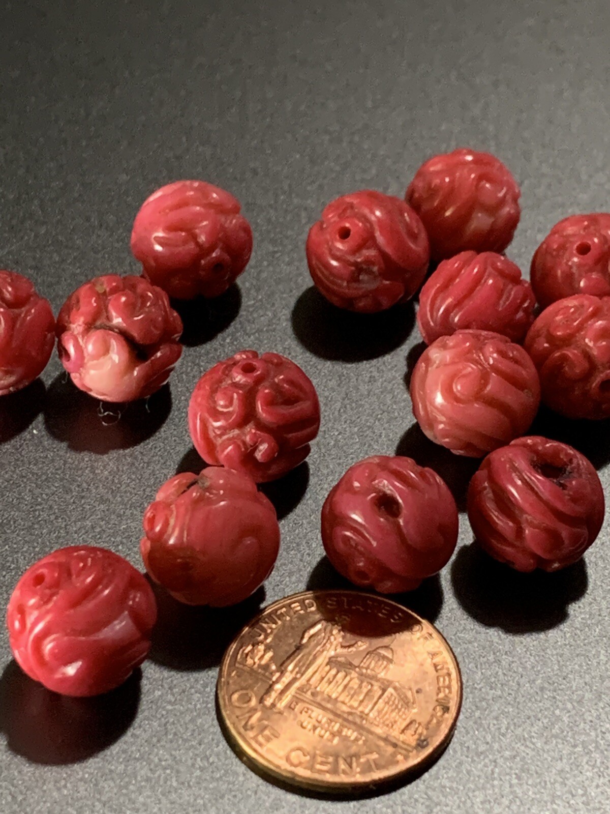 ONE Vintage Carved Chinese Bead Natural Coral Curling Dragon Round 10mm - 11mm