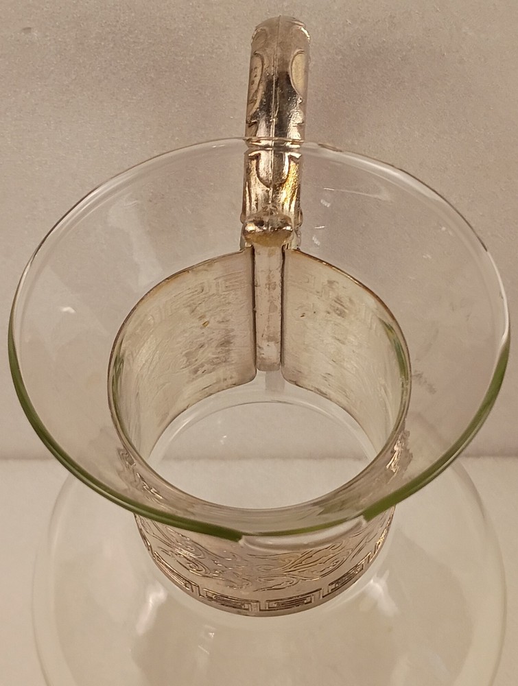 Clear Glass Pitcher With Silver Collar And Handle Vintage Decorative...