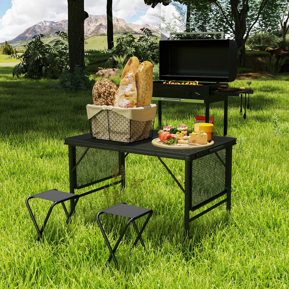 Folding Grill Table, 4.5ft Portable Camping Table w/ Wing Panels