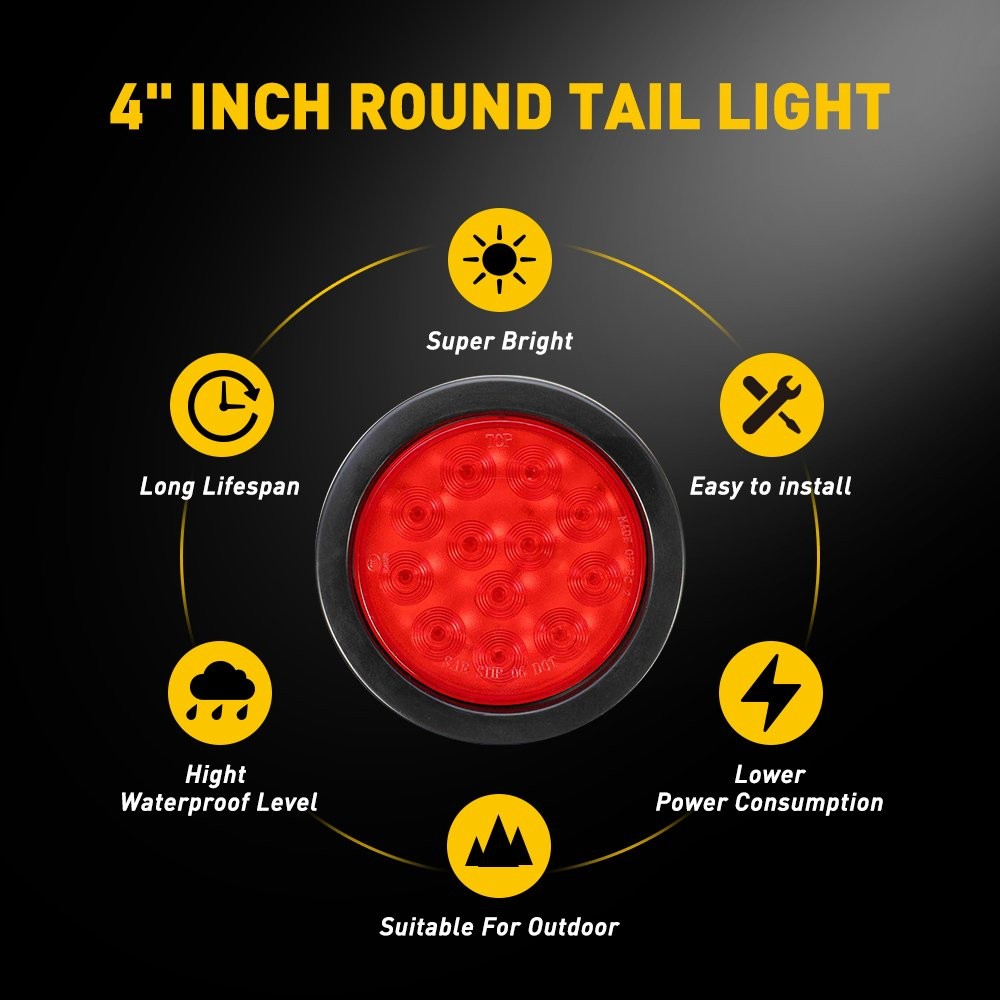 4"inch Round Red 12-LED Truck Trailer Stop Turn Tail Brake Lights Waterproof 12V