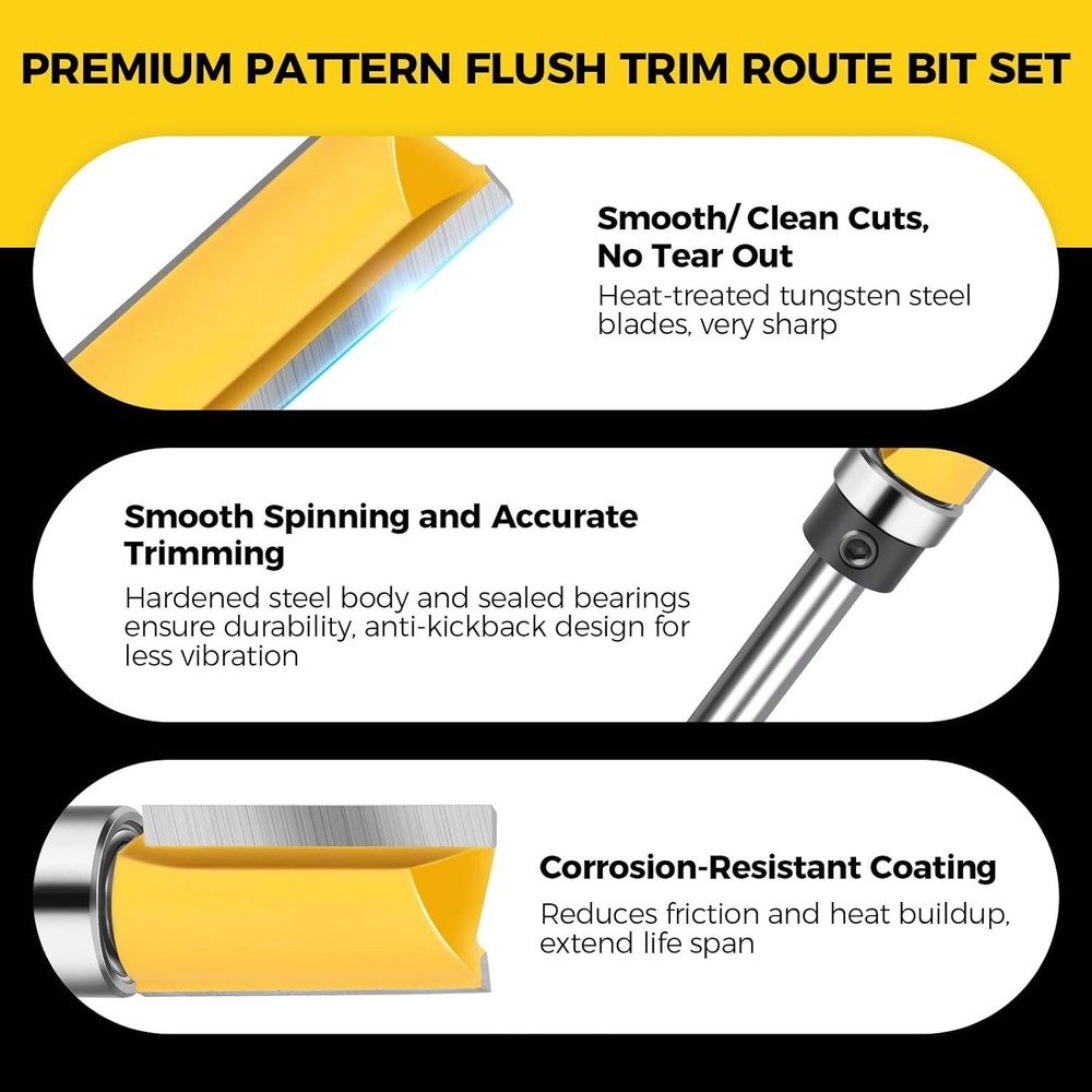 4PCS Flush Trim Route Bit 1/4 Shank, Pattern Flush Cut Route Bit with Bearin...
