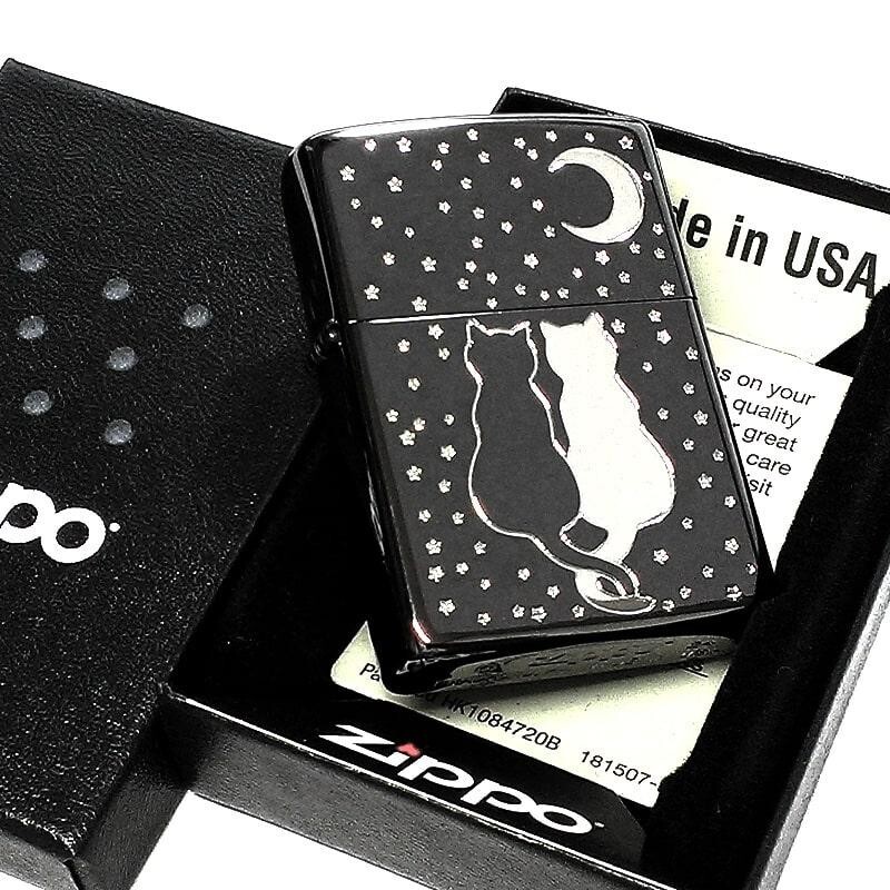 Zippo Moon Cat Black Silver Etching Engraving 1 Sided Processing Lighter JP