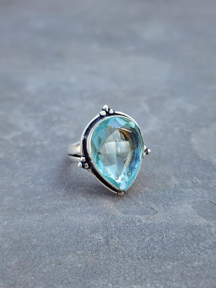 Solid 925 Sterling Silver Aquamarine Pear Gemstone Statement Handmade Women Ring