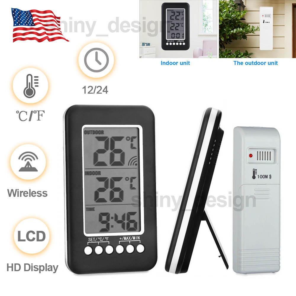 LCD Digital Thermometer Clock Indoor/Outdoor Wireless Temperature Meter Gauge