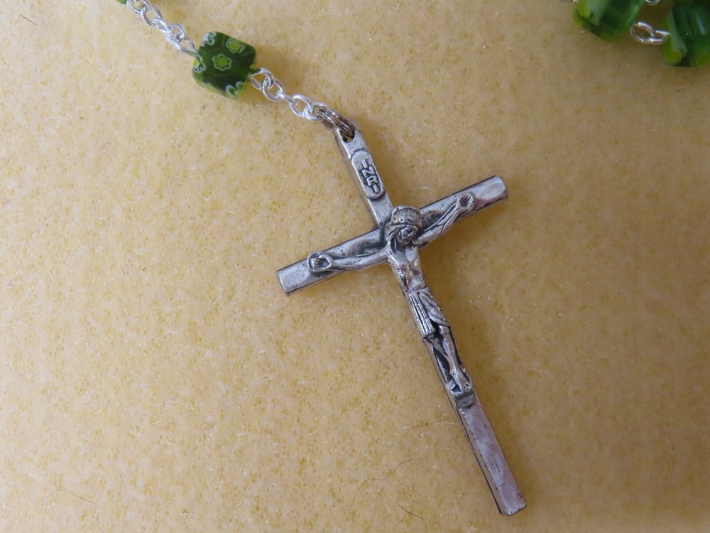 6 mm Green Millefiori Lampwork Cube Beads - Centerpiece - Base Metal Rosary