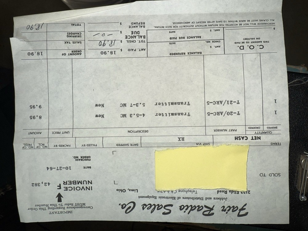 Aircraft Radio Corp T20 ARC-5 NOS WITH 1964 Invoice, Canvas Bag WW2 History