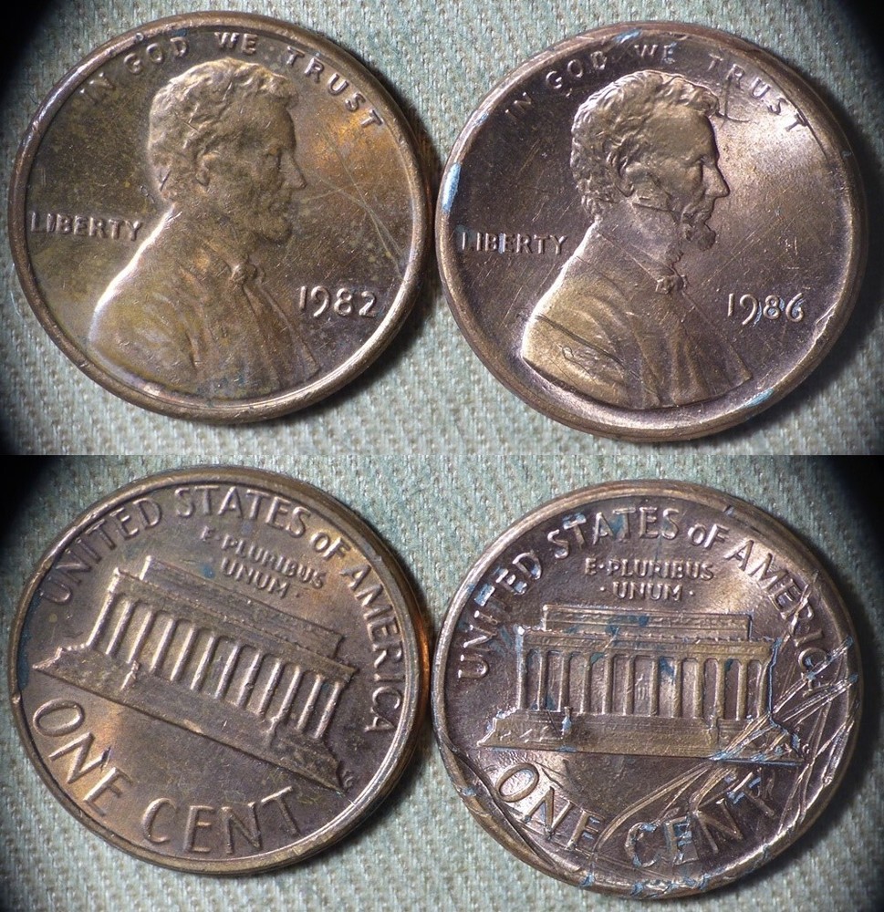 Errors : Lot 2 Coins 1982+1986 Cent Broadstruck , Scratches IREC2520