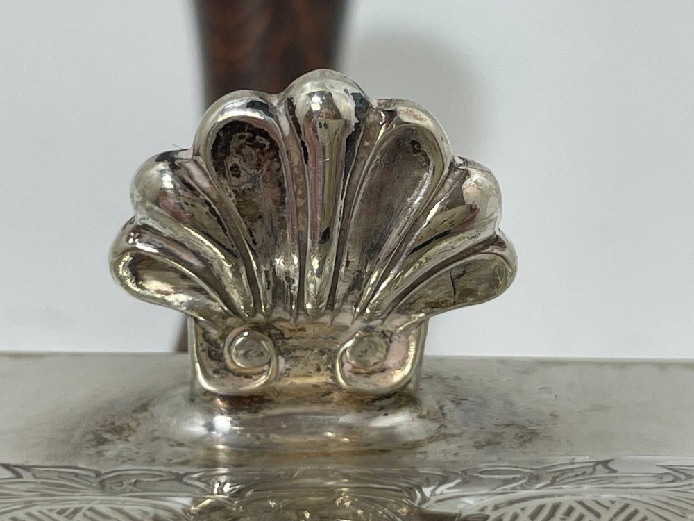 Silver Plate Rectangular Box Crumb Tray with Handle Engraved Artwork Vintage