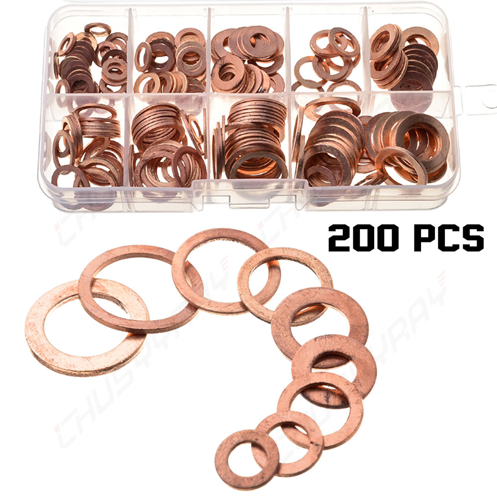 200Pcs/Kit Solid Copper Crush Washers Gasket Set Flat O-Ring Seal Assortment