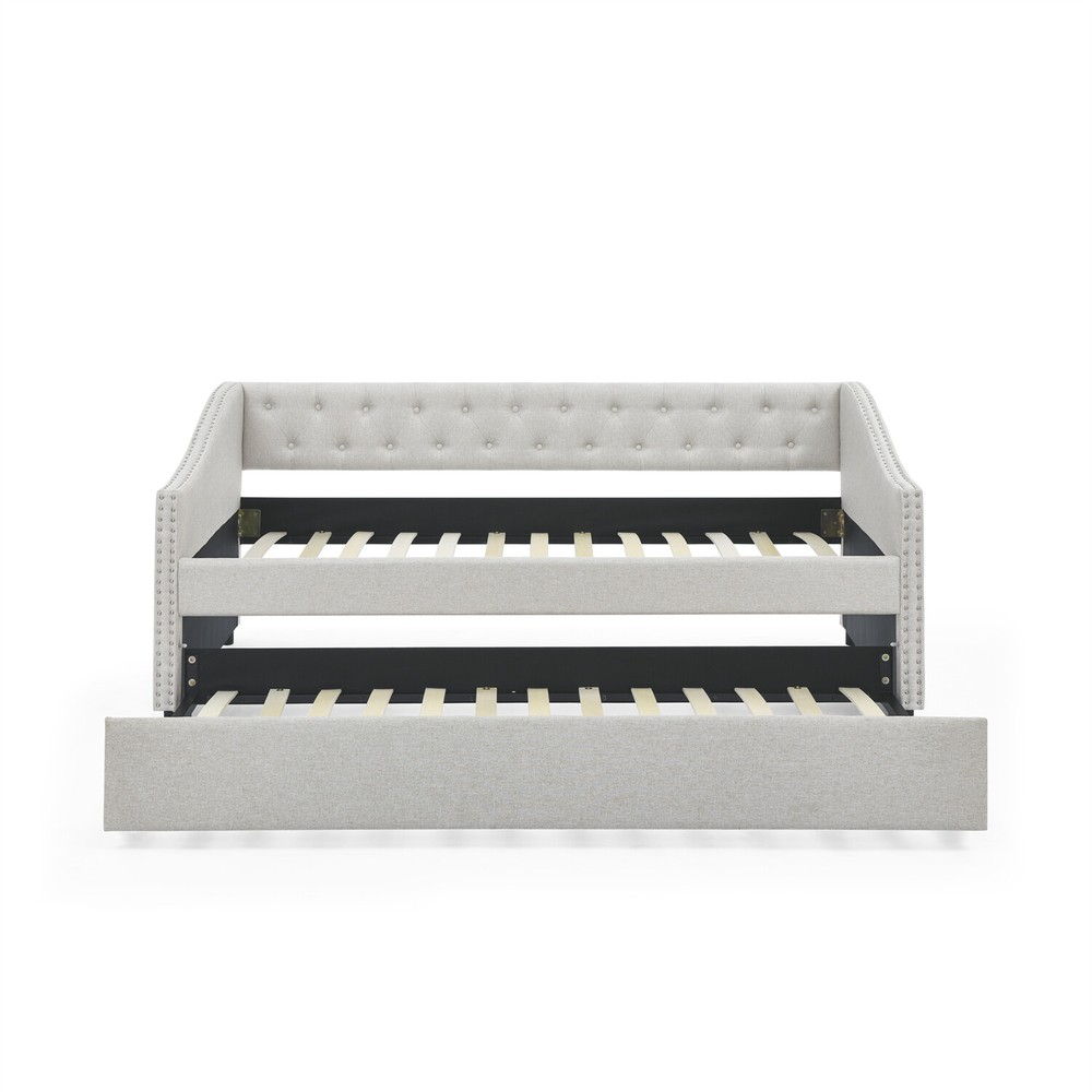 Twin/Full Size Daybed w/ Pull-Out Trundle Bed Upholstered Bed Frame Sofa Bed US
