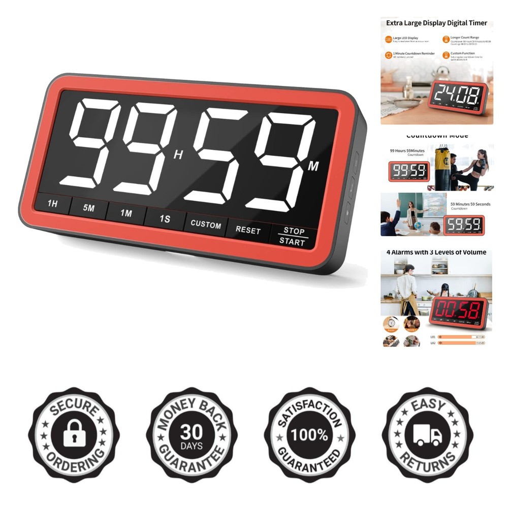 Extra Large 7.8” Digital Kitchen Timer with USB-C, 4 Alarms & 3 Brightness Modes