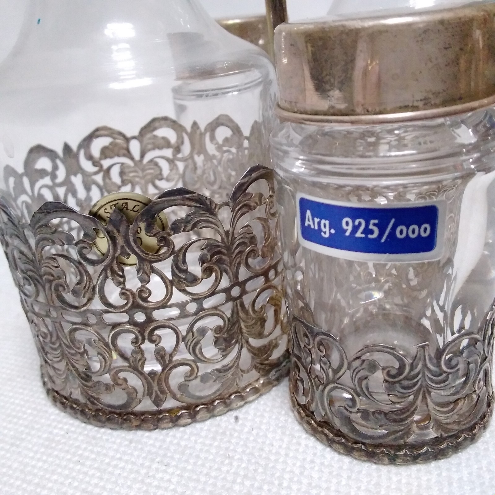 Italian 925 Cutout Sterling Silver and Fine Crystal Vessels Condiment Caddy