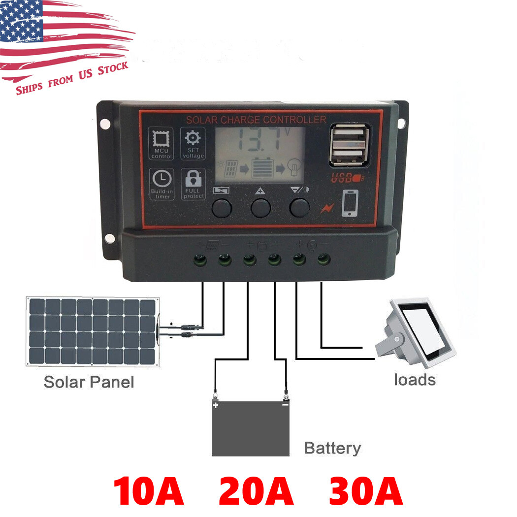 10/20/30A PWM Solar Panel Battery Regulator Charge Controller Dual USB 12V 24V
