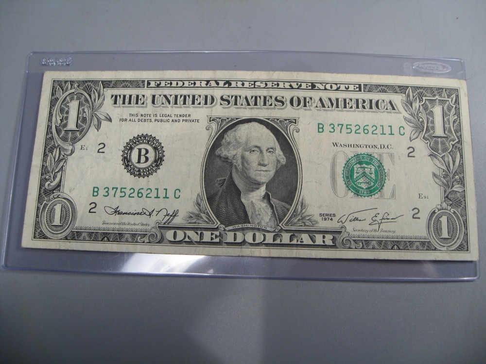 ERROR Note: INK SMEAR. 1974 $1 One Dollar FRN Note. B/C Block.