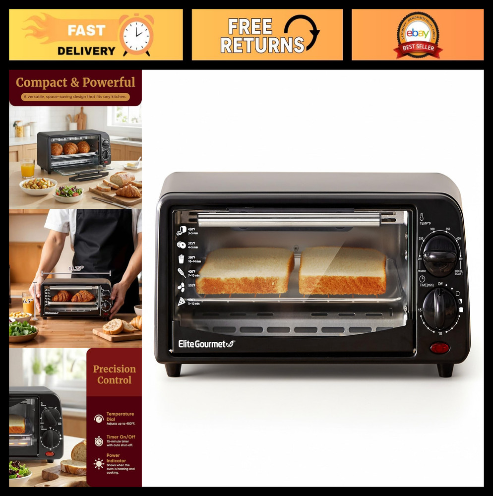 Compact 2-Slice Countertop Toaster Oven with Timer & Adjustable Temp, Bake/Broil
