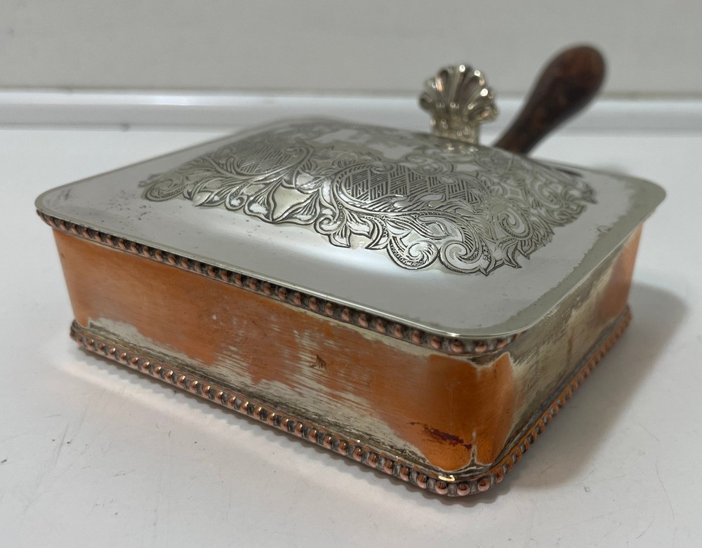 Silver Plate Rectangular Box Crumb Tray with Handle Engraved Artwork Vintage
