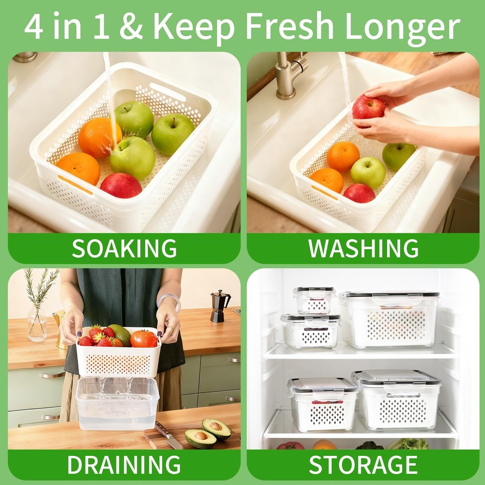5-Pack Large Fruit Storage Containers for Fridge with Removable Colander, 2 i...