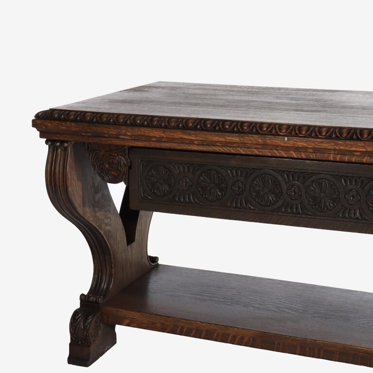 Arts & Crafts Carved Oak Trestle Library Table C1910