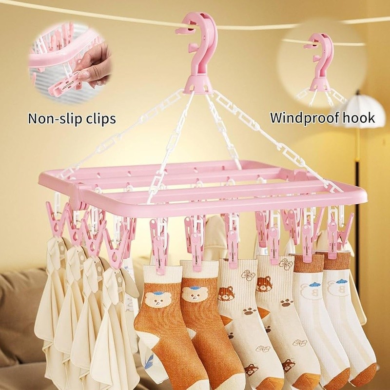Foldable Laundry Drying Rack 32 Clips 360° Rotating Hook Portable Plastic New