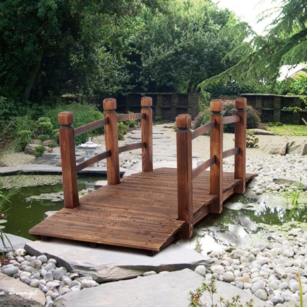 5' Wooden Bridge Stained Finish Solid Wood Garden Arch Walkway Carbonized Color