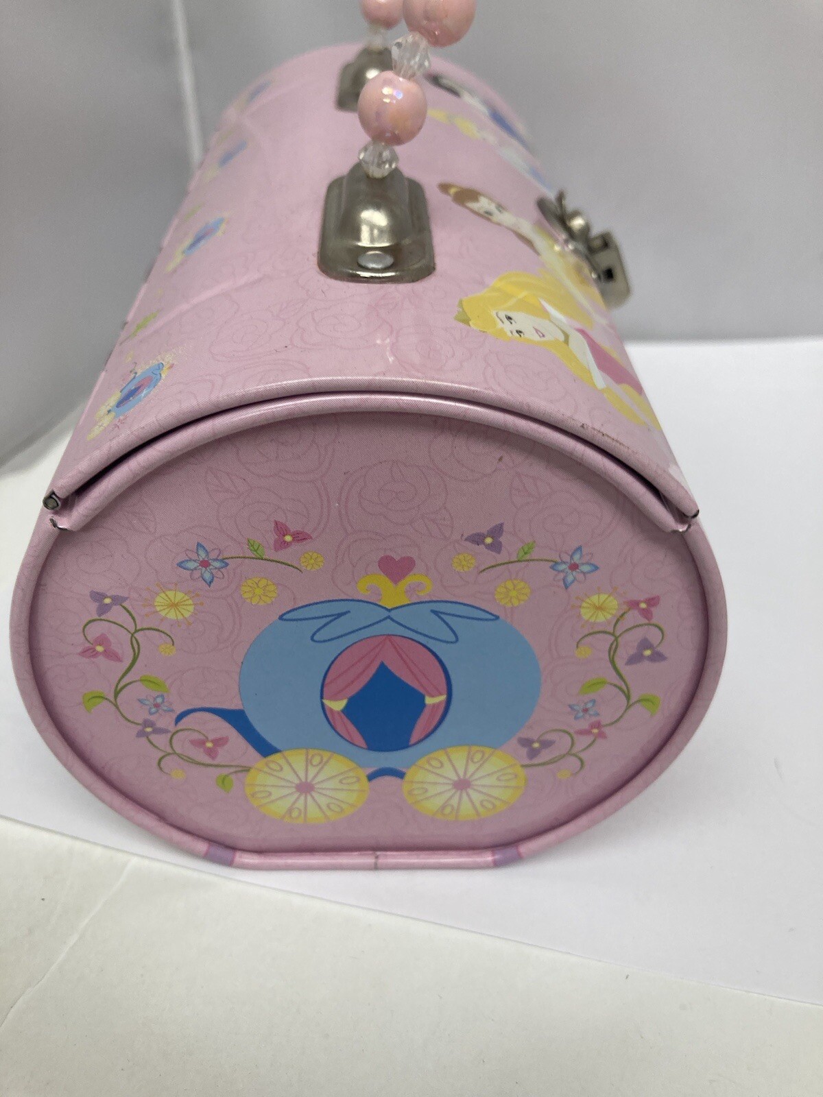 Disney Princess Beaded Pink Tin Tote Purse Case Snow White Cinderella Belle
