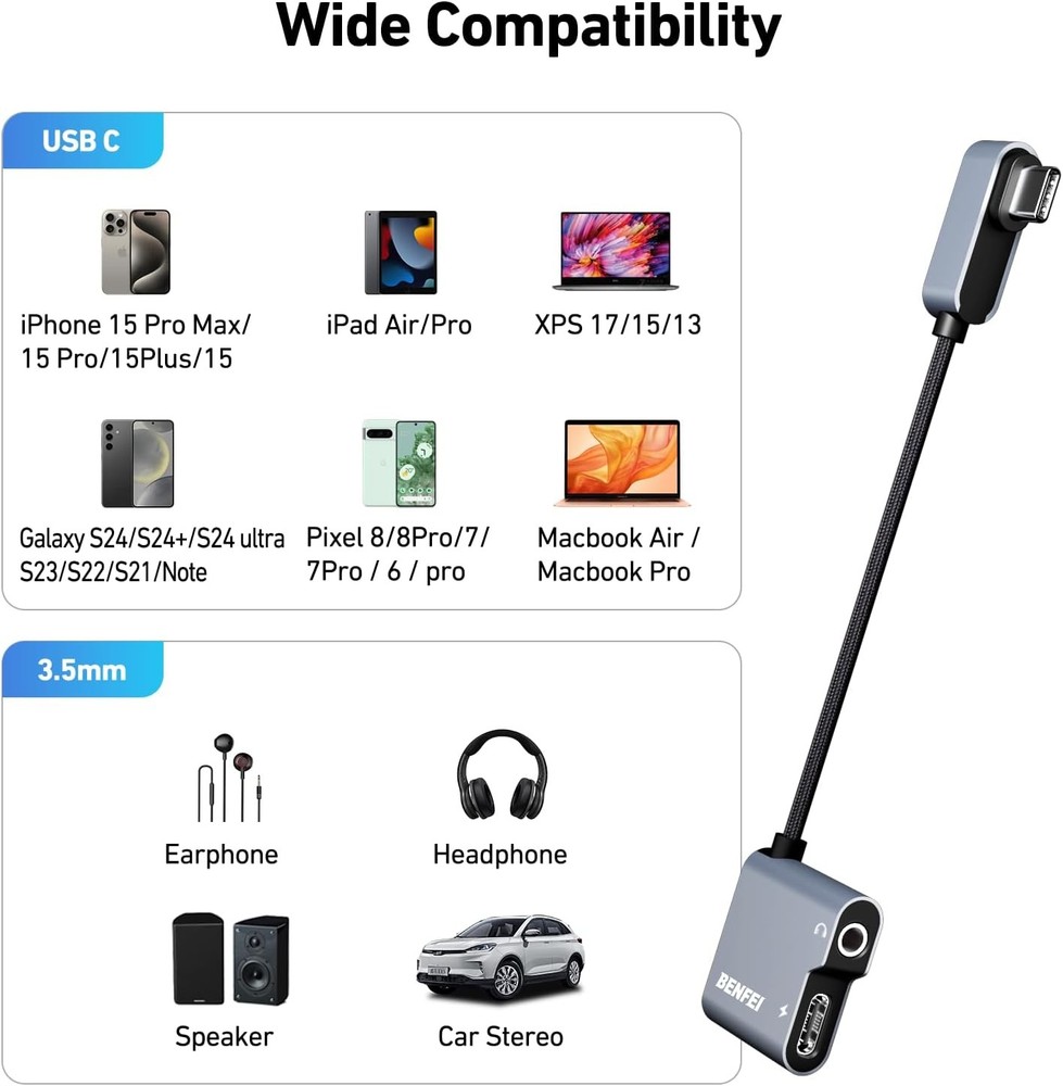 BENFEI USB C to Audio Jack Adapter with 60W Fast Charging, USB-C Silver