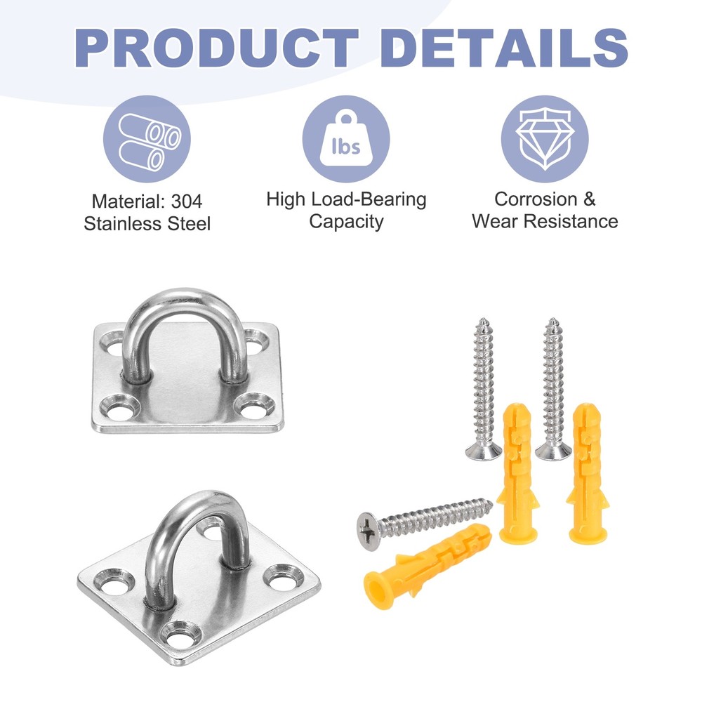 2Pcs M8 Eyelet Bracket Set Square Hook Plate and Hook, Silver