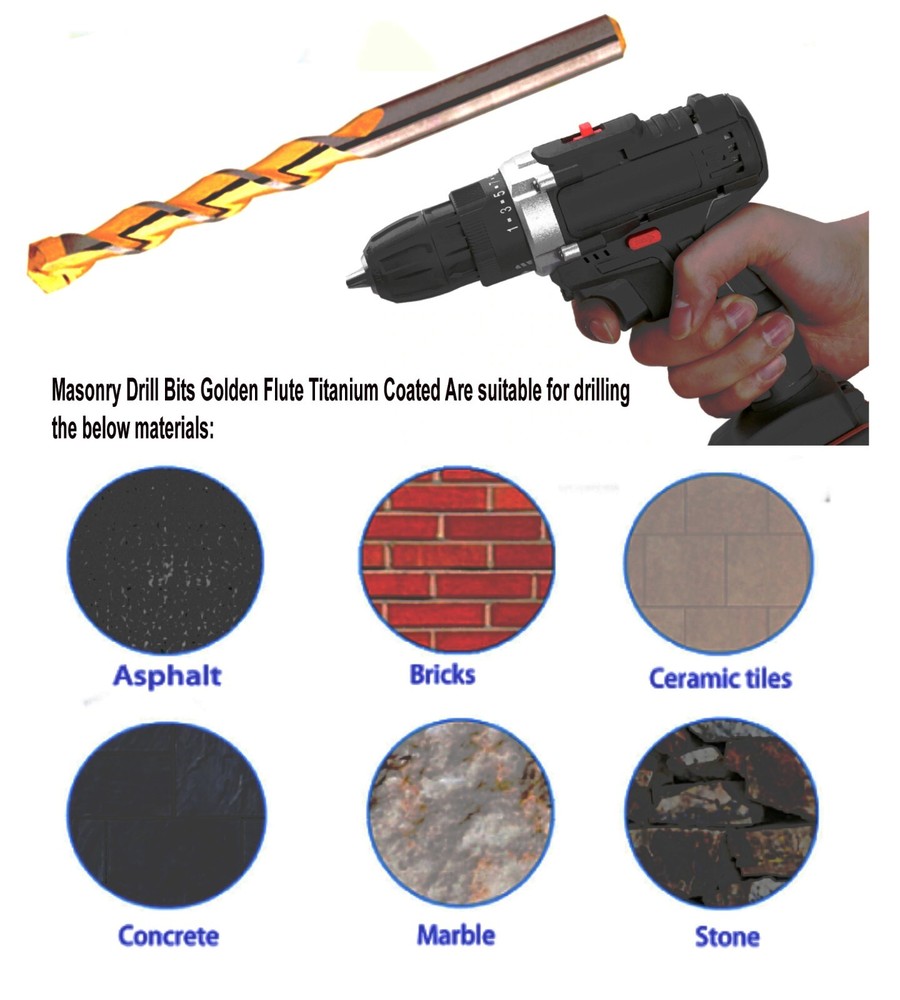 Masonry Drill Bit Set 1/8" Carbide Tip Titanium Drill Concrete Brick Stone-10Pcs