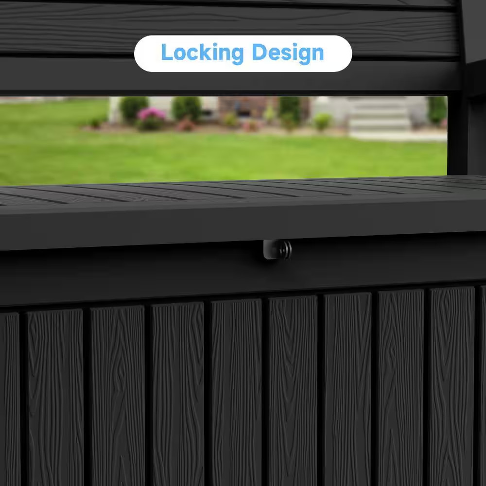 70 Gallon Black Large Outdoor Storage Bench with Armrest