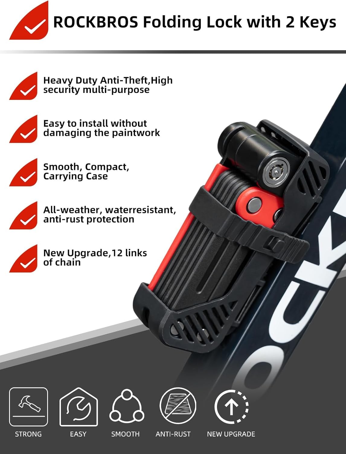 ROCKBROS Folding Bike Lock 120cm/47.24" w/2 Keys Non Theft Heavy Duty Ebike Lock