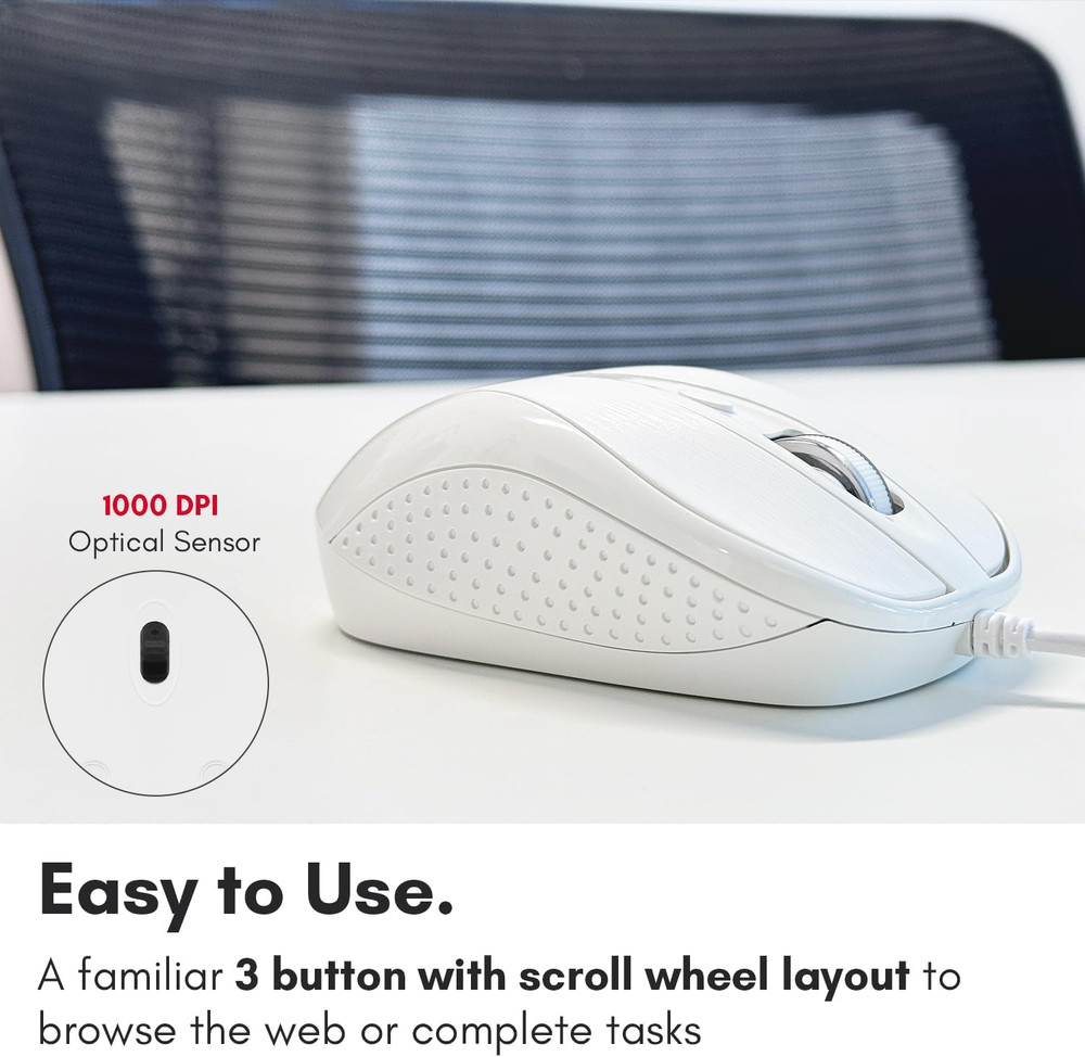 USB Wired Mouse with 3 Button, Scroll Wheel, & 5 Foot Long Cord, USB Mouse for L