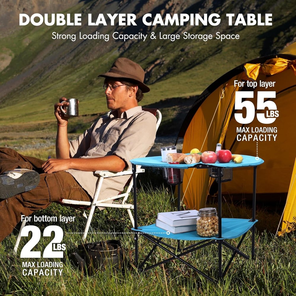 Folding Camping Table Lightweight Double-Layer Round Table W/ 4 Cup Holders &