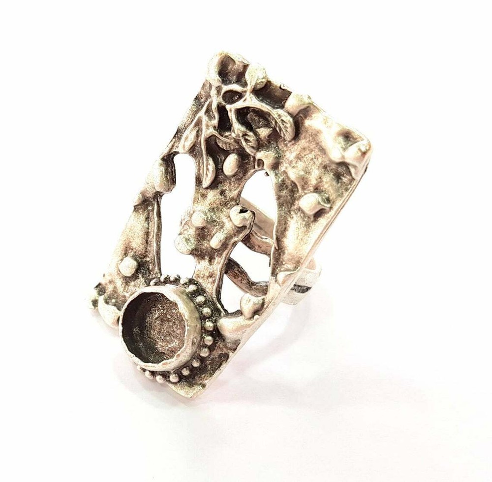 Ring Blank Base Bezel Settings Cabochon Adjustable Antique Silver Plated Brass