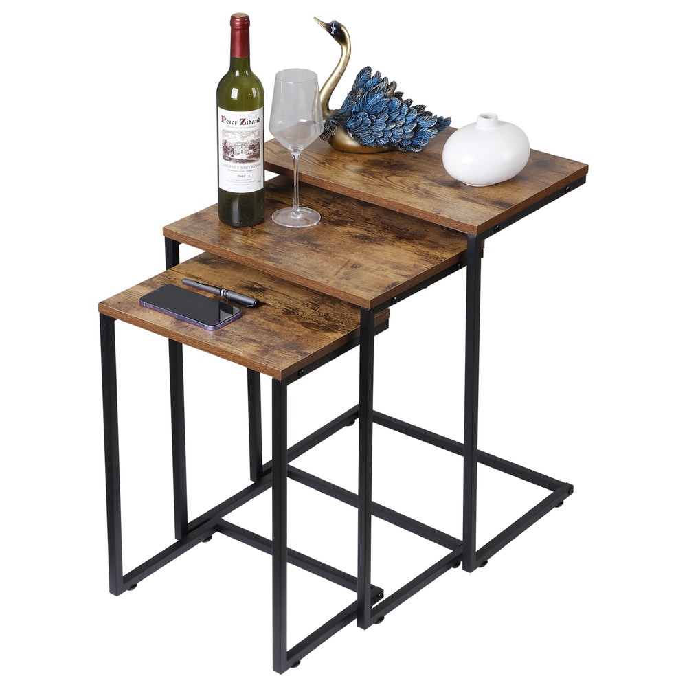 Modern C-Shaped End Tables Set of 3 Nesting Coffee Table Accent Side Table Brown
