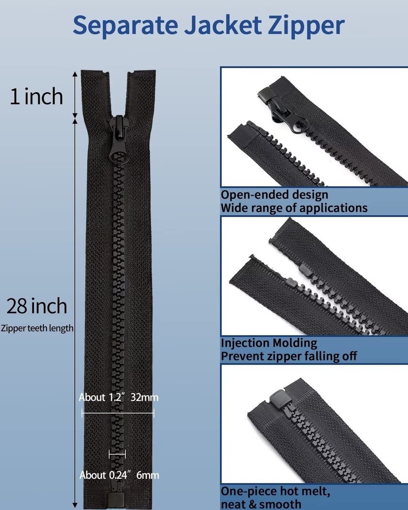 28" Jacket Zipper #5 Black Plastic 3pcs Separating Coat Down Jacket Sweatshirt