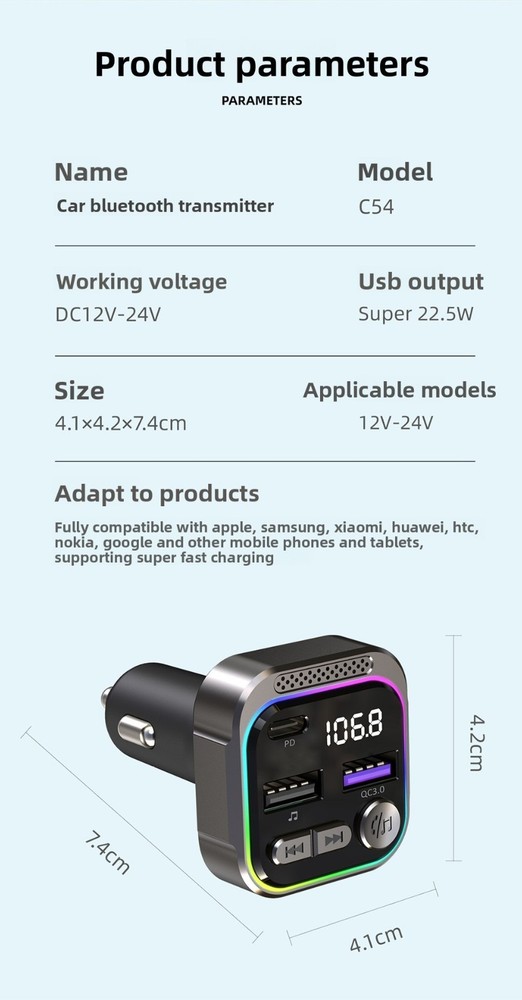 Aluminum Alloy Car Bluetooth MP3 Player FM Transmitter PD Fast Charging