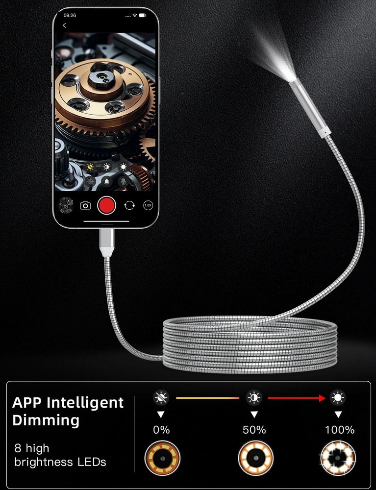 Endoscope Camera with Light, 1920P HD Borescope Camera with 8 Adjustable LED ...