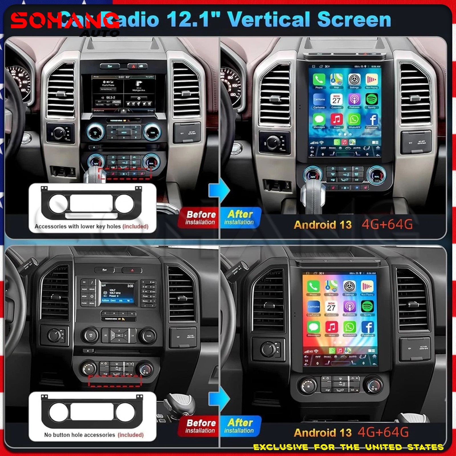 SoHang | 12.1'' Car Radio Stereo CarPlay For Ford F150 F250 F350 Tesla Style GPS