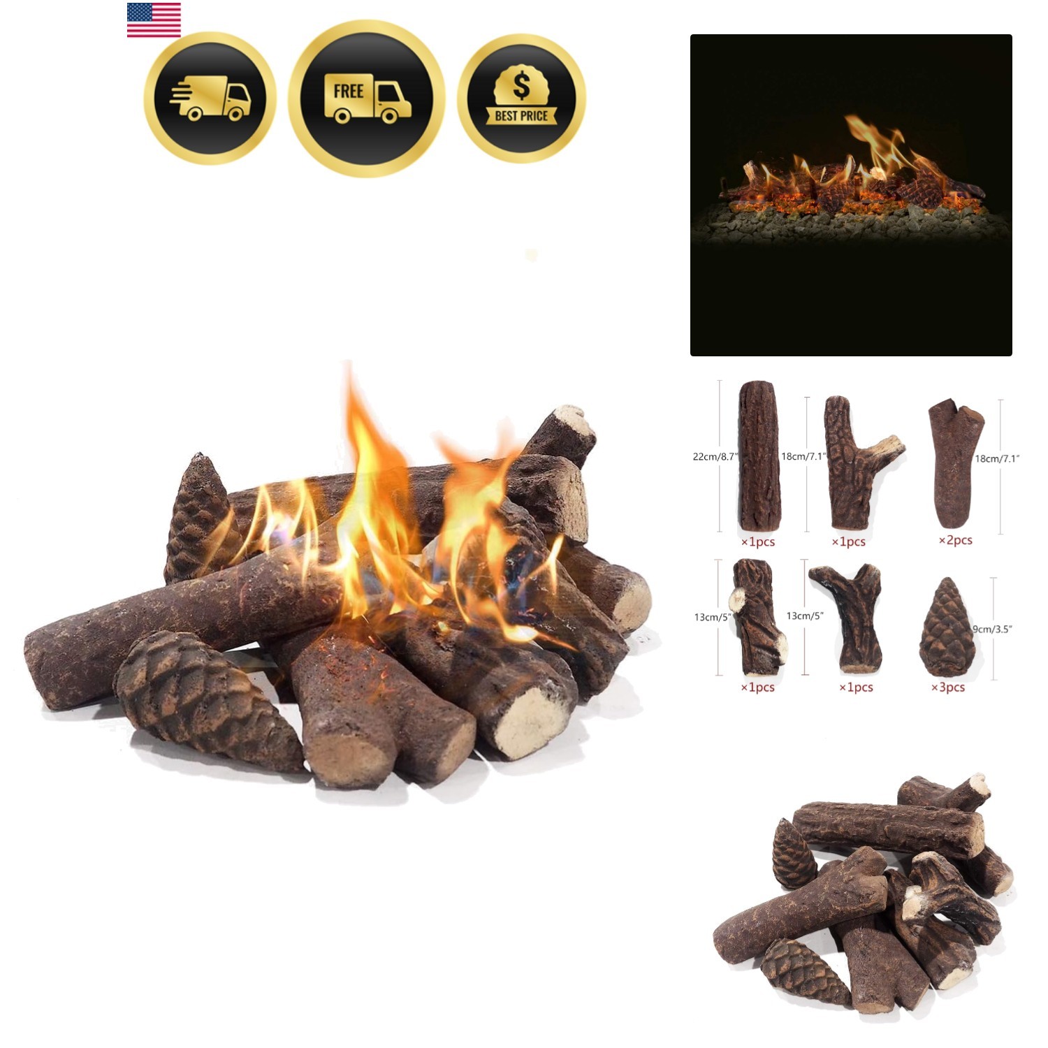 Small Gas Fireplace Logs Set of 9, Fireplace Logs Ceramic Wood Decoration for...