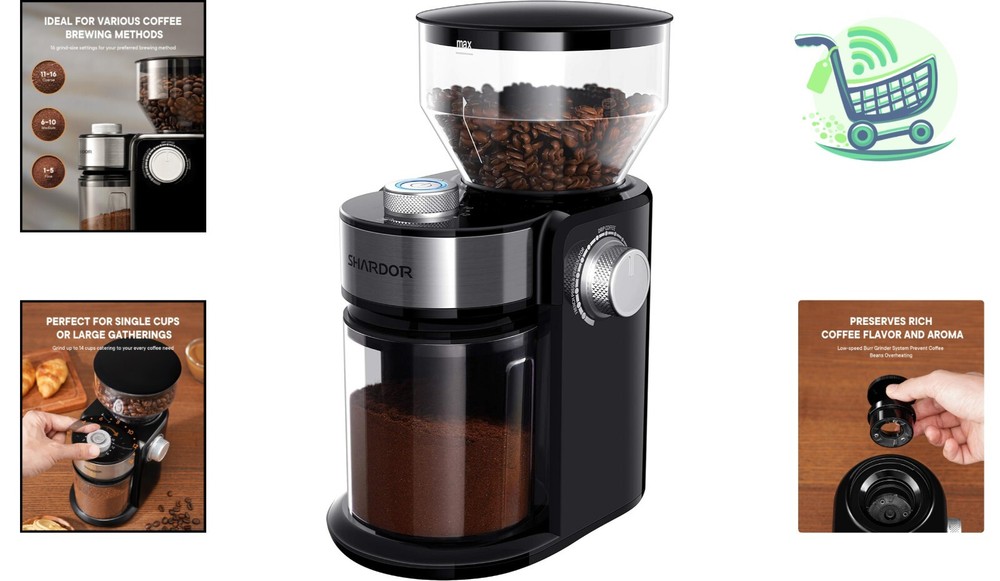 Durable Black Electric Coffee Grinder - 16 Adjustable Settings, Removable Burr