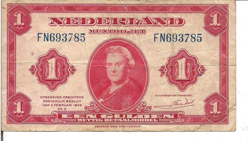NETHERLANDS, 1 GULDEN, Qn. Wilhelmina @ ctr, 1943