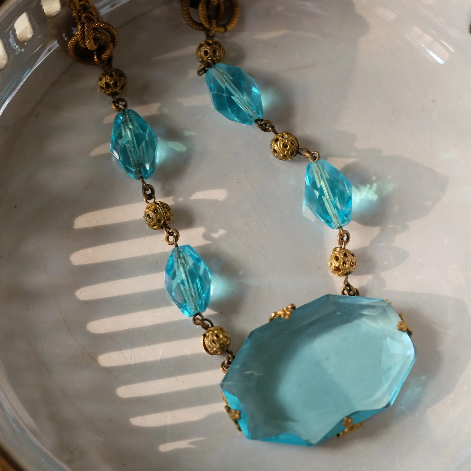 Antique Blue Czech Large Glass Pendant Necklace 1920s