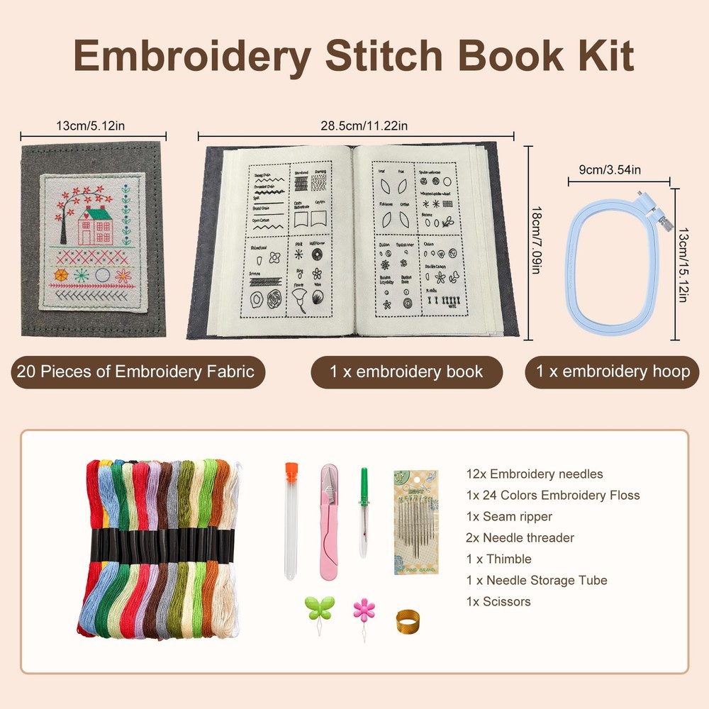 Embroidery Stitch Book Kit w/ Practice Patterns Sewing Set Beginner DIY Craft