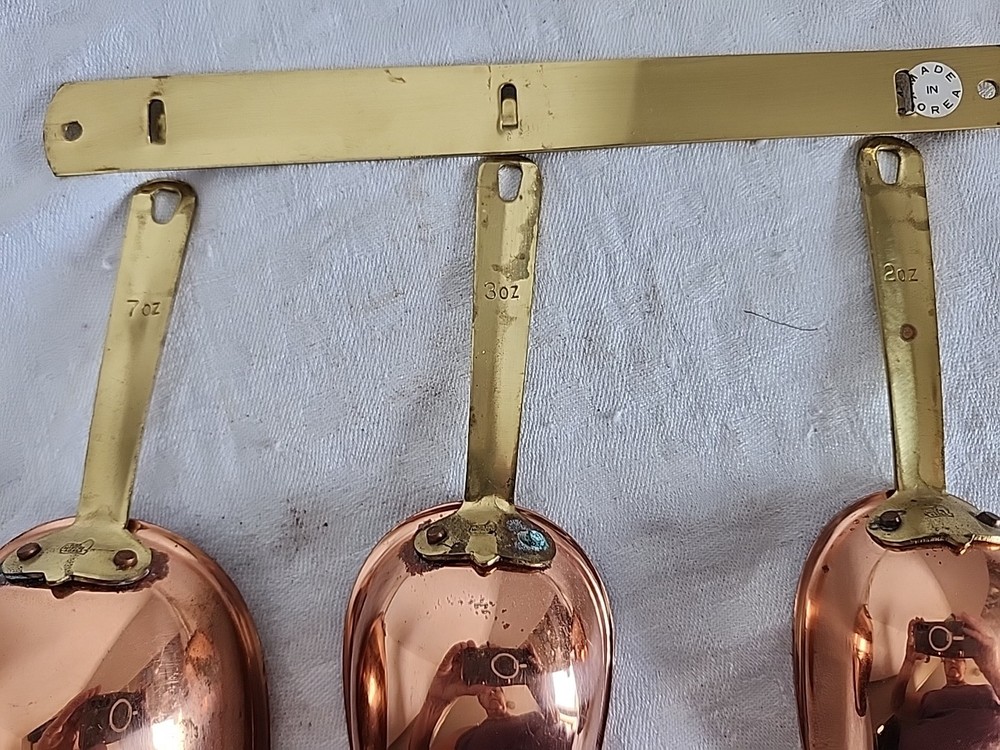 Vintage Copper & Brass Measuring Scoops @ HOOK; MARKED"BOOT/KOREA"4 PC