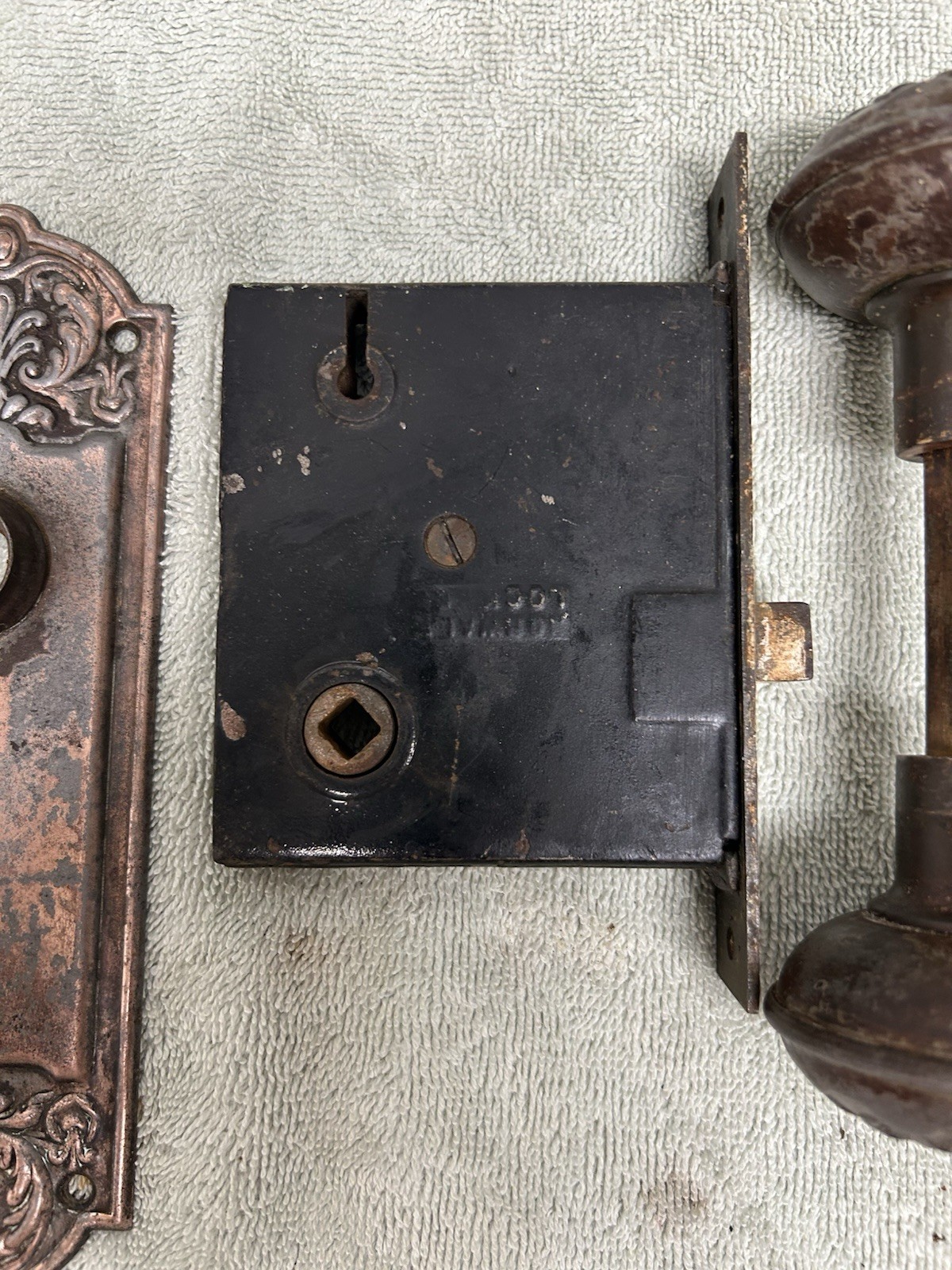 Antique Victorian Metal Door Knob Set With Mortise & Backplates