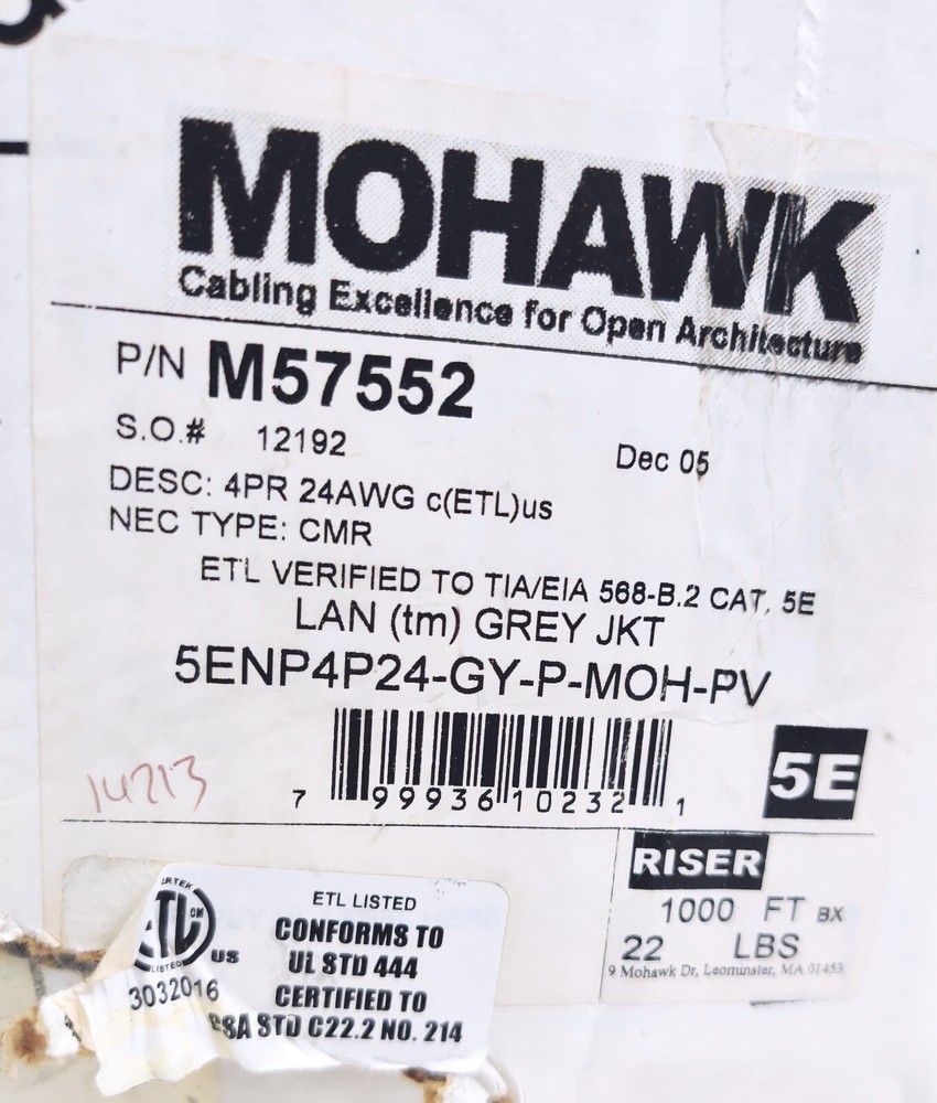 Mohawk 5eLAN M57552 UTP Light Gray Riser Cable 1000 ft. Box