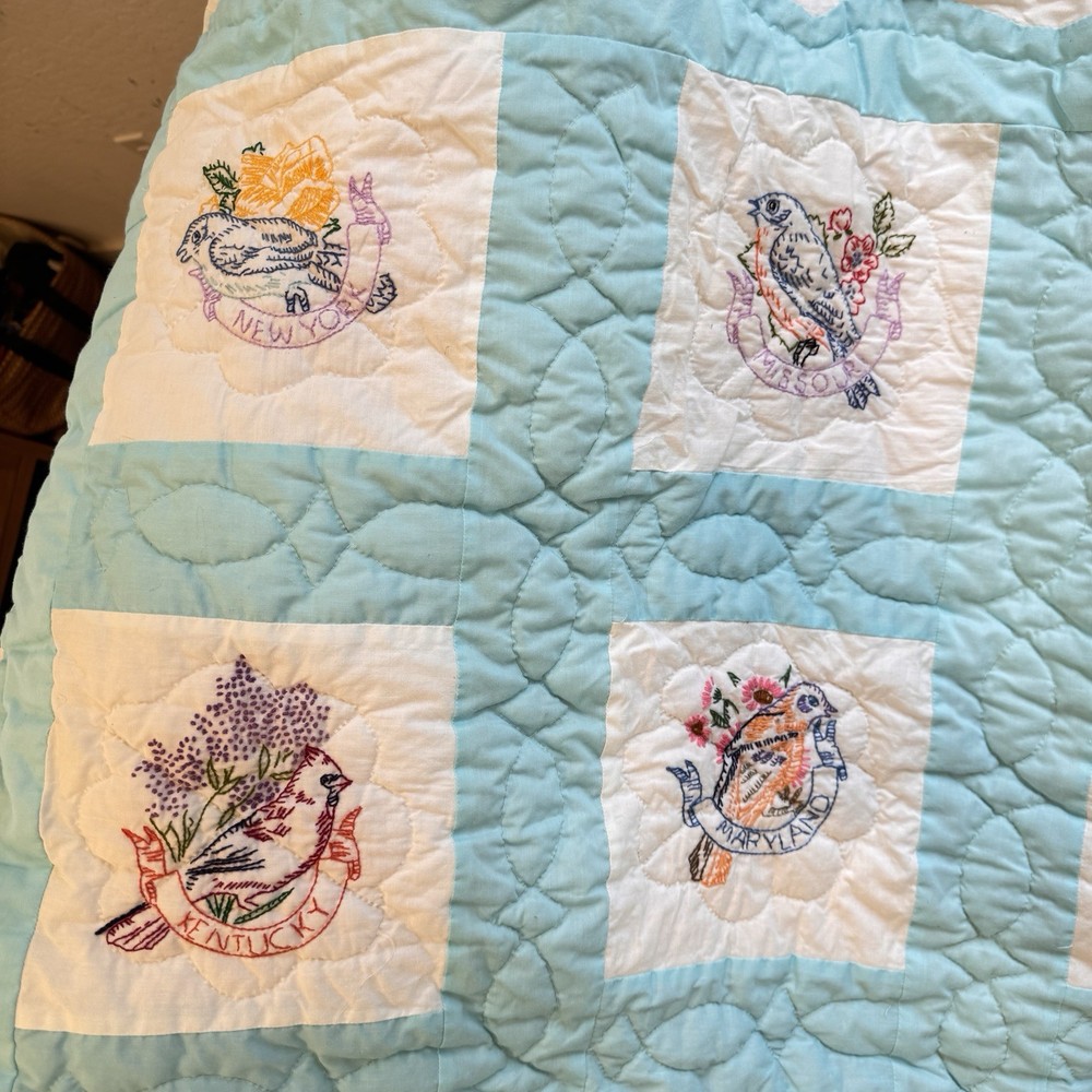 Vintage Handmade State Bird Quilt Blue White Embroidered Patchwork