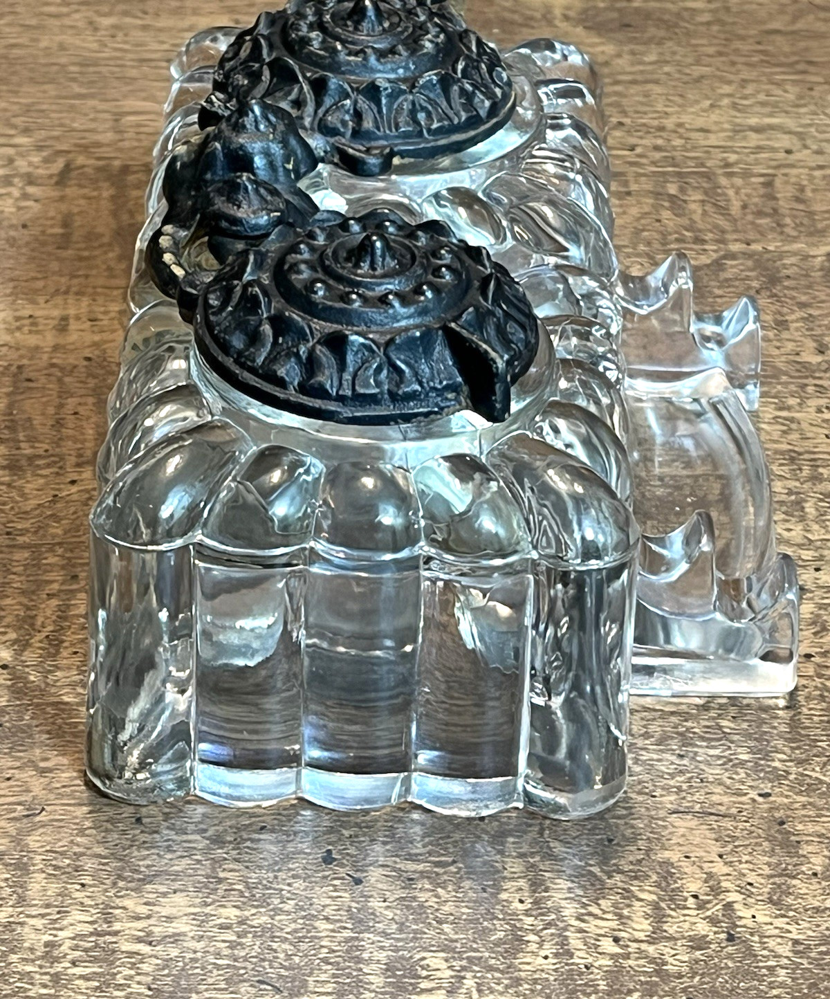 Antique "Tatum" Double Inkwell Pressed Glass w/Cast Iron Swivel Lids 1878-1900