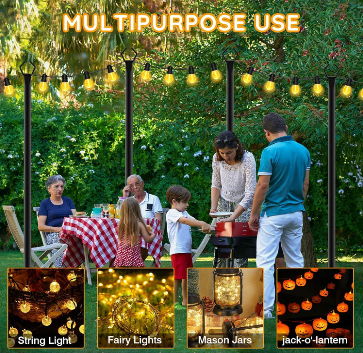 6 Pack 10ft Outdoor String Light Poles, Rustproof, Adjustable, with Hooks & Deck